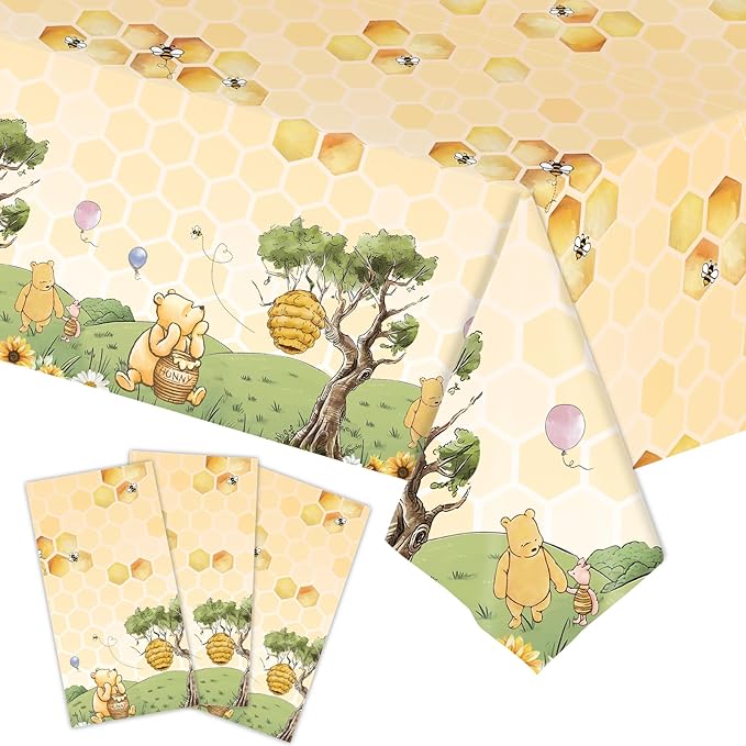 3pcs Party Tablecloth Bear Baby Shower Tablecloths Classic Bear Disposable Thickened Plastic Table Cover for Kids 1st 2rd Baby Party Supplies 54x108Inches (Yellow)