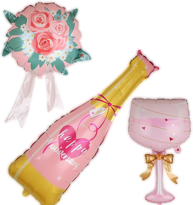 Happy Anniversary Balloon Champagne Bottle Balloon Champagn Glass Foil Balloons Flower Birthday Engagement Bridal Shower Wedding Bachelorette Celebration Anniversary Party Decorations Supplies 3 Pcs