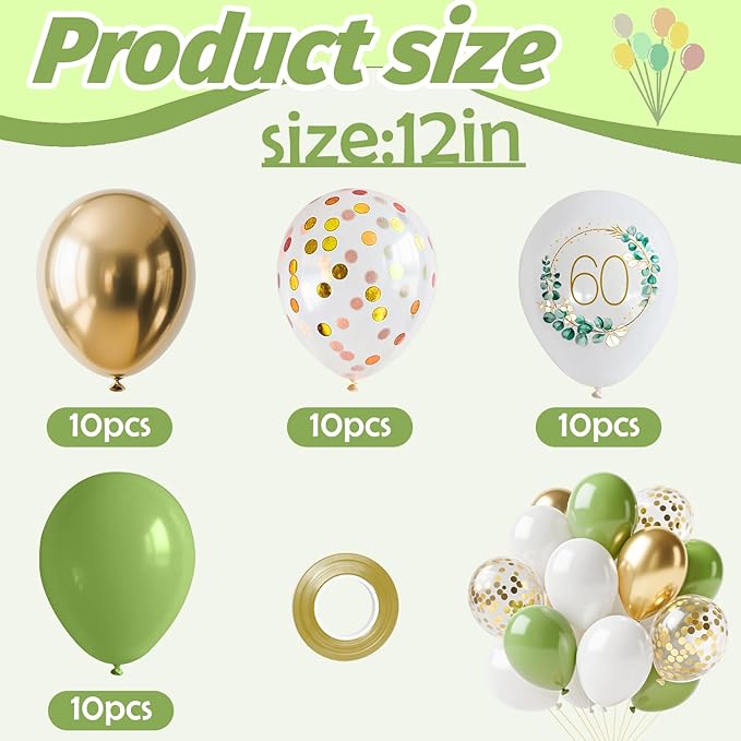 Sage Green Balloons, 14pcs 12inch Sage Green White Metallic Gold Confetti Balloons with Number 50 Printed for Men Women Boho 50th Birthday Wedding Bridal Baby Shower Party Decorations