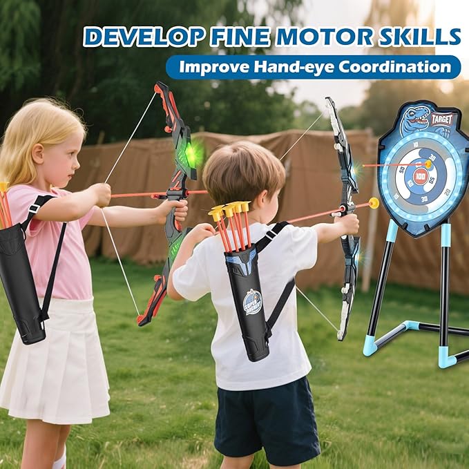 2 Pack Kids LED Archery Set with Standing Target, 20 Suction Cup Arrows Bow and Arrow for Kids 3-12, Indoor Outdoor Sport Toy for Boys Girls