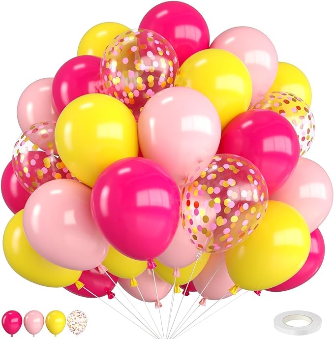 Pink and Yellow Balloons,12 Inch Maca Hot Pink Yellow Confetti Balloons with Ribbon,for Girls Peach Birthday Baby Shower Engagement Party Decorations