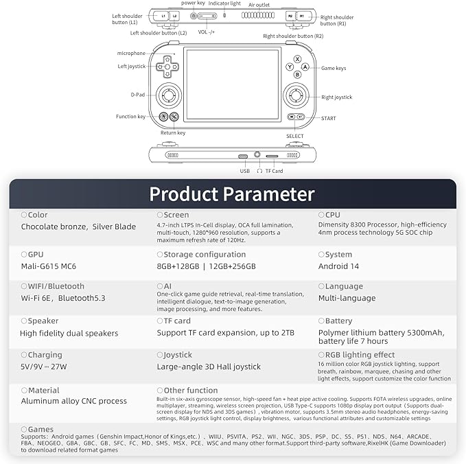 ANBERNIC RG477M Retro Handheld Game Console , Aluminum Alloy CNC Android 14 System 4.7 Inch LTPS in-Cell Touch Screen Dimensity 8300 Processor Support WiFi 6E Bluetooth 5.3(Silver)
