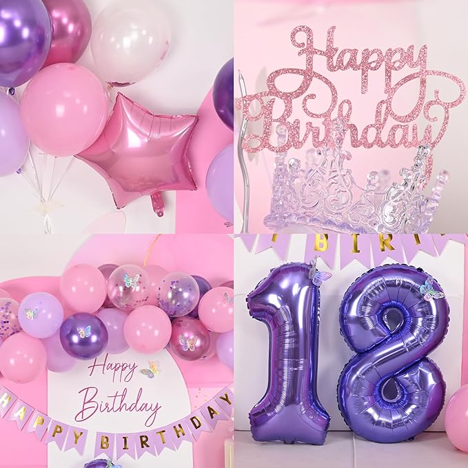 18th Purple Birthday Decorations,Pink Purple 18th Birthday Decorations for Girls Lavender Party Decor Set with Number Foil Balloons Cake Topper Butterfly Stickers for Girls 18th Party Decorations