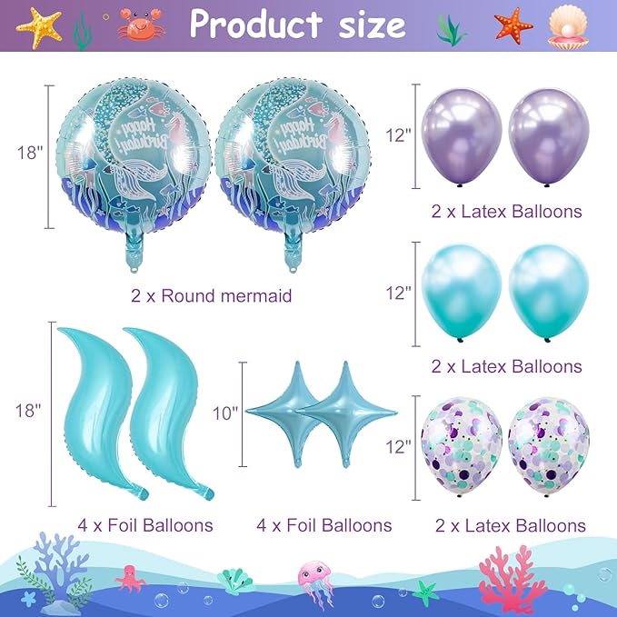 Mermaid Birthday Decorations 40 Inch Giant 3 Years Old Foil Balloons Kit for Girls Under The Sea Theme Party 21Pcs Balloons for Birthday Anniversary Baby Shower Party Decorations Supplies