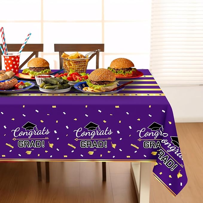 Childom 3 Pack Graduation Tablecloth,Graduation Decorations Class of 2026 Graduation Party Decorations,54"x108" Purple and Gold Plastic Table Cloth Disposable Rectangle for Home,School,Party Supplies