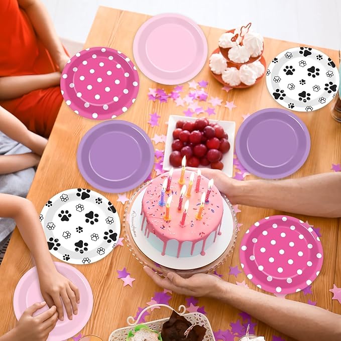 48Pcs Pink Paw Print Party Paper Plates for Dog Birthday Party Decorations 7" Puppy Dog Girl Party Disposable Dessert Plates for Pink Dog Themed Girls Birthday Baby Shower Party Supplies Favors