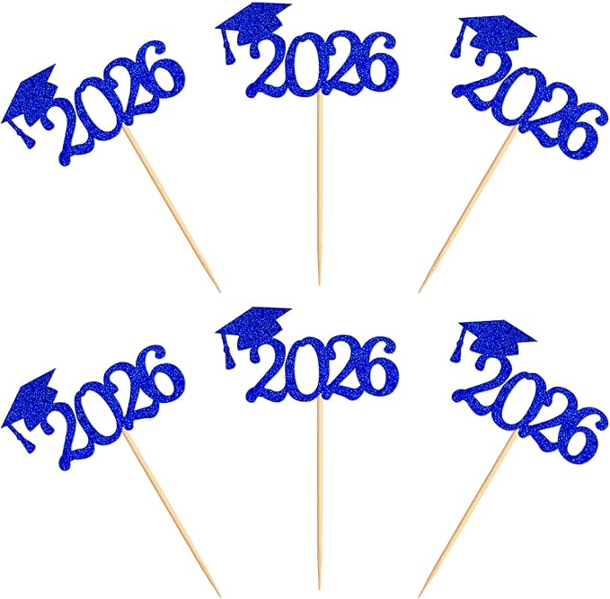 24 Pcs graduation cupcake toppers 2026, Food/Appetizer Picks For Graduation Party Mini Cake Decorations, 2026, Cupcake Toppers(Blue)