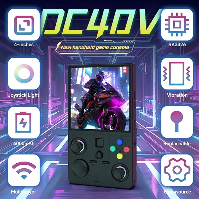 DC40V Handheld Game Console 4.0inch 720*720 IPS 1:1 Screen 4000mAh RK3326 Linux Game Console Black-64
