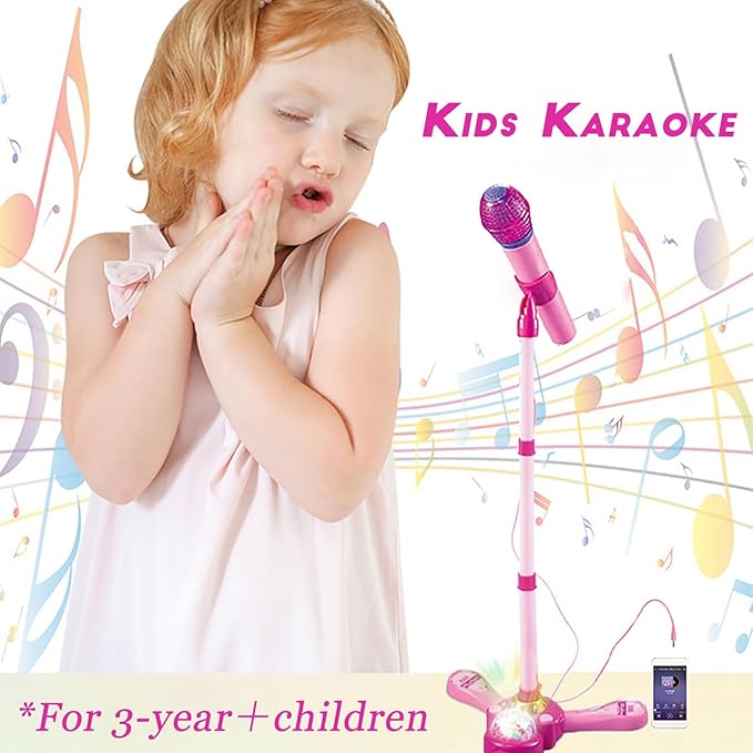 Kids Karaoke Machine with Adjustable Stand,Kids Microphone Music Sing Along with Flashing Stage Light and Pedals Gift for Kids (Pink)