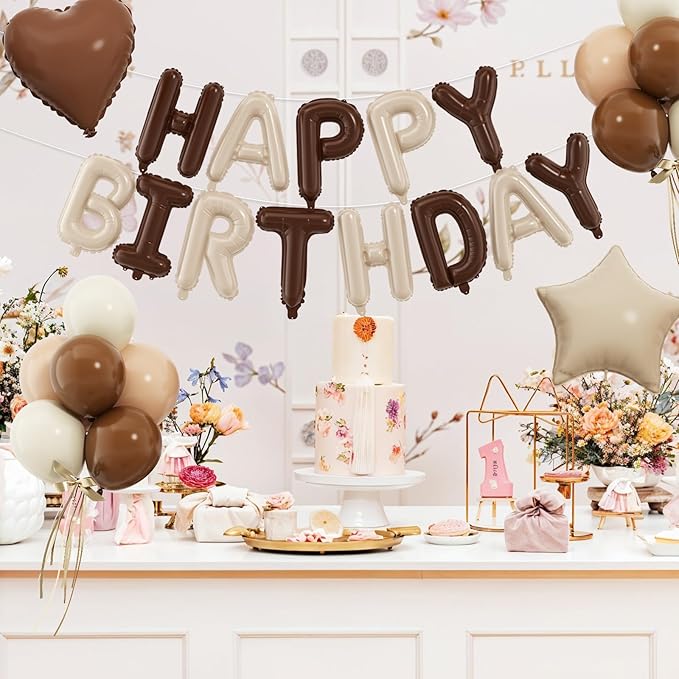29PC Cream Brown Happy Birthday Balloon Banner, 16Inch 3D Aluminum Letter Banner Sign, Brown Apricot Dusty Ivory White Balloon 18 Inch Star Heart Foil Balloon for Women, Men Party Supply