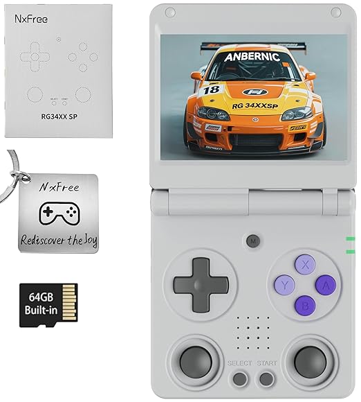 Anbernic RG34XXSP Retro Gaming Console – Flip Design, 3.4'' IPS Screen 720×480, 64G TF Card with 5000+ Games, Portable Handheld, 3300mAh Battery, WiFi HDMI Bluetooth (Gray 64G)