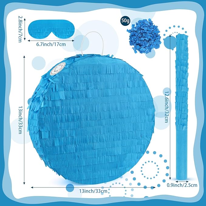 Blue Round Pinata with Stick Blindfold Confetti DIY Blank Pinata for Boys Kids Birthday Party Supplies Carnivals Halloween Christmas Decorations
