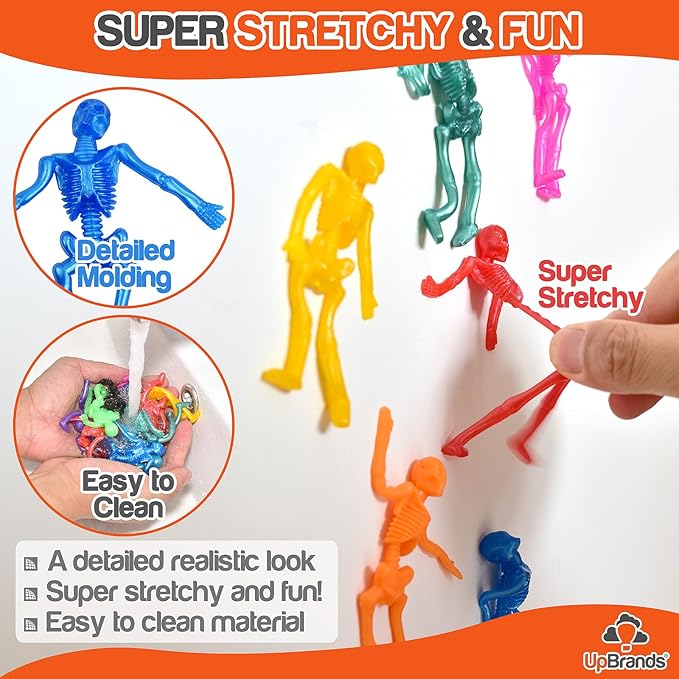UpBrands 120 Halloween Stretchy Skeleton Toys – Safe Bulk Party Favors for Kids, Spooky Mini Skeleton Decorations, Trick-or-Treat Giveaways, Party Bag Fillers and Classroom Incentives