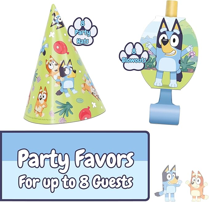 Unique Bluey Party Hats and Blowouts 8 Hats & 8 Party Blowouts with Celebrate With Me Sticker | Bluey Birthday Party Supplies for Kids