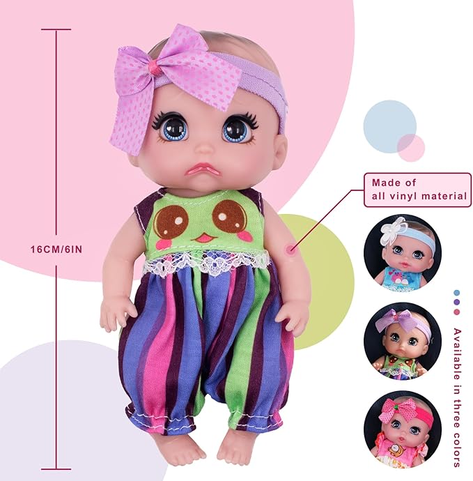 6" Cute Small Baby Doll Newborn Baby All Vinyl Reborn Baby Dolls for Girls Swivel Mini Dolls 16 cm Crying Baby DIY Toys for Ages 3+(Purple)