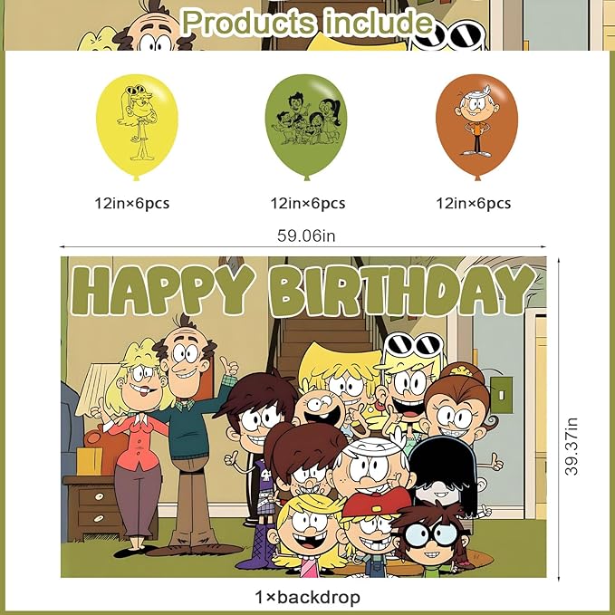 The Loud House Birthday Party Decoration,Loud House Party Photo Background 5 x 3 FT and 18 Pcs Balloon,Merch Party Backdrop Supplies