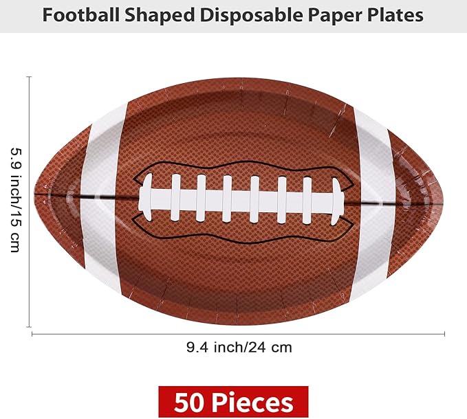 ADXCO 50-Piece Football Shaped Paper Plates - Football Party Supplies for Sports Game Birthday Decoration, 9.4 x 5.9 Inch