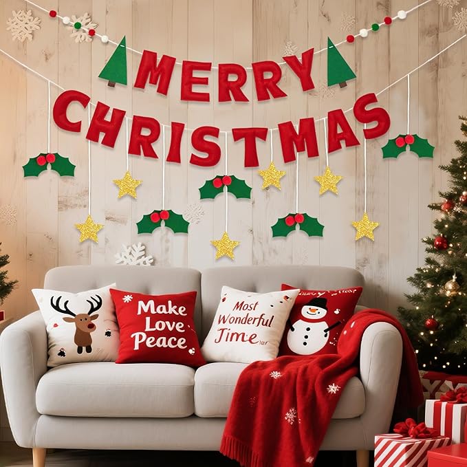 Merry Christmas Banner with Red Berries And Leaves,Christmas Banner Decoration with Gold Stars,Xmas Bunting Garland Felt Party Supplies For Wall,Fireplace Mantel,Window.