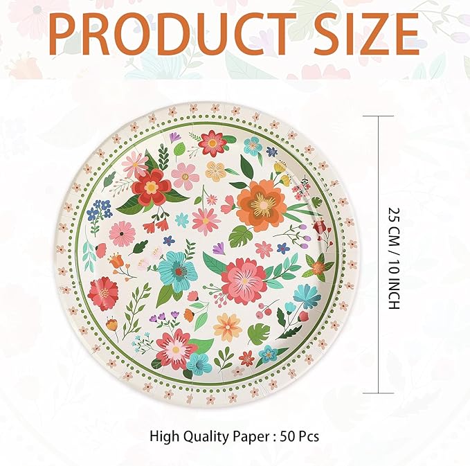 50Pcs Spring Retro Floral Party Paper Plates 10 Inch Heavy Duty Disposable Spring Flower Party Decorations Vintage Rustic Floral Plate for Boho Picnic Wedding Holiday Summer Birthday Party Supplies