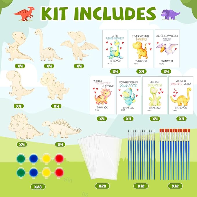 Leinuosen 28 Sets Dinosaur Party Favors Wood Painting Craft Kits with Art Supplies and Inspirational Cards Thank You for Coming Gifts for Summer Birthday Party Goodie Bag DIY Prizes