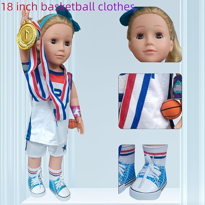 18 inch American Doll Clothing Accessories, USA Team Girls Soccer, Basketball, Tennis Clothing, Competition Training Doll Clothes kit, Dolls are not Included (Football, Basketball, Tennis)