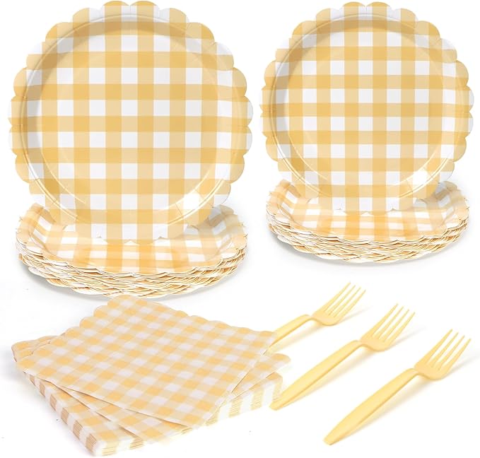 96Pcs Yellow Gingham Plates and Napkins Forks Lace Plaid Paper Plates for 24 Guest Picnic Wedding Baby Shower Tea Kids Birthday Party Supplies Decrations