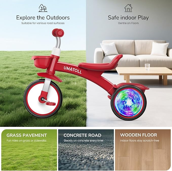 Umatoll Toddler Tricycle for 18 Month to 4 Year Old Boys Girls,Toddler Bike Toys with Adjustable Seat&Light-Up Wheels,Birthday Gift for Age 2-3 (Red)