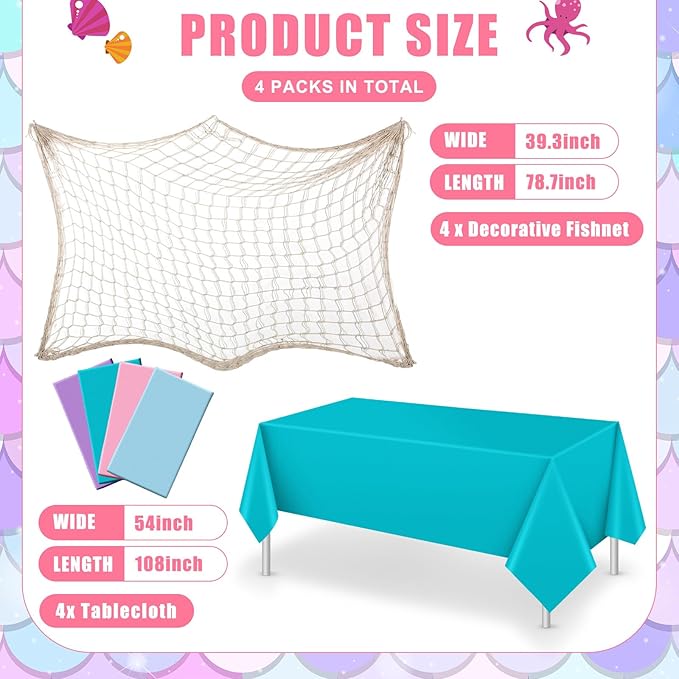 Unittype 8 Pcs Fish Net Decorative and Tablecloth Set, Cotton Fishnet and Plastic Table Cover Decorations Set for Nautical Themed Party Baby Shower Pirate Decorations Mermaid Party (Entranced)