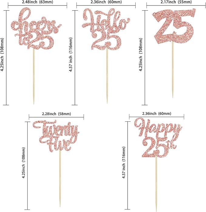 30pcs 25th Birthday Cupcake Toppers - 25th Anniversary Cake Decorations - Rose Gold Glitter