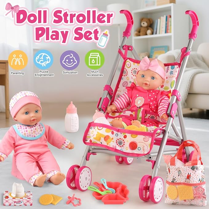Baby Doll with Stroller Set with 12.5" Baby Dolls, Handbag, 2 Sets Doll Clothes and 16 PCS Doll Accessories. Baby Stroller Toys for Toddler Girls Kids Ages 3-5 4-6 for Pretend Play.