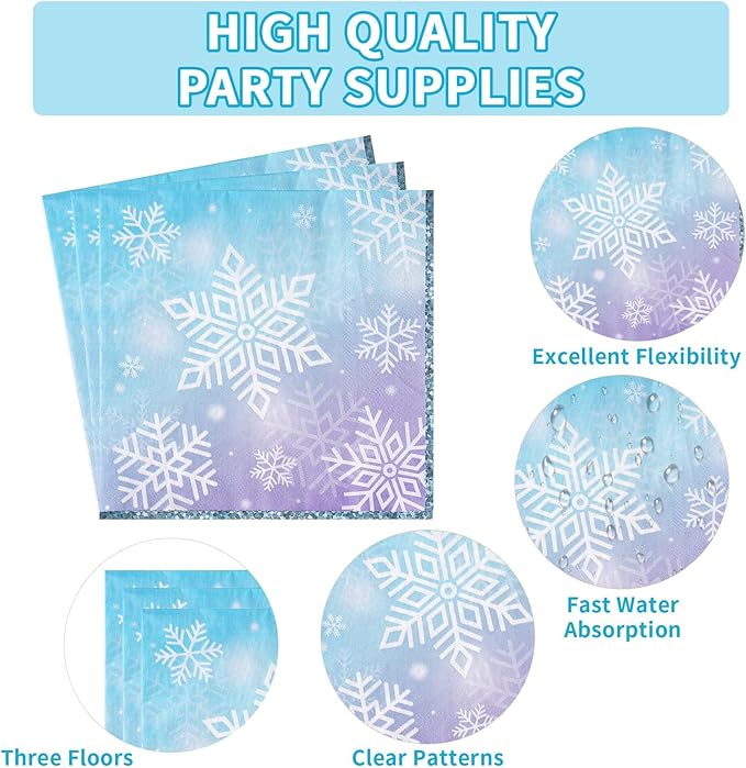 Grencian 96PCS Snowflake Party Decorations Blue Frozen Snowflake Plates and Napkins Disposable Winter Onderland Tableware Set for Winter Baby Shower Birthday Party Supplies, Serves 24