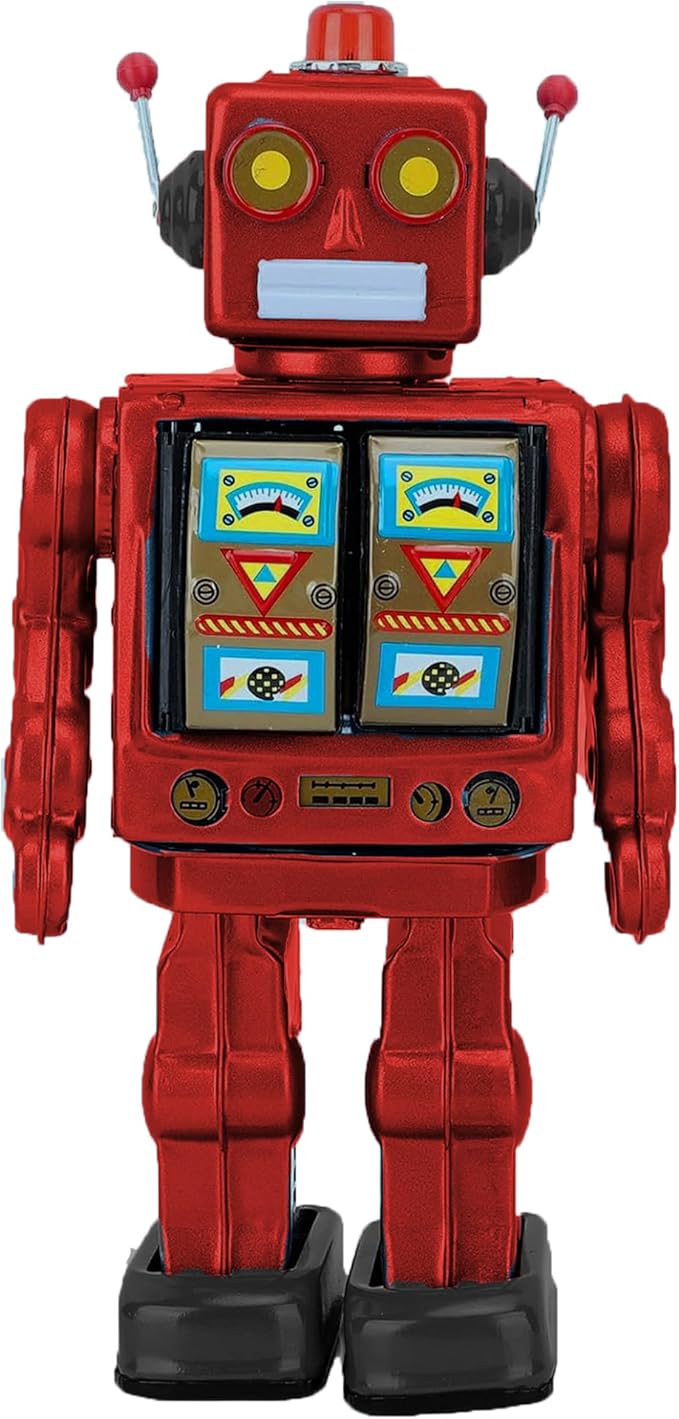 Charmgle Retro Tin Toys Walking Robot, Electric Rotating Desk Robot with Gun Fire Sound, Adult Collection Birthday Gifts Party Favor Handmade Robots Red