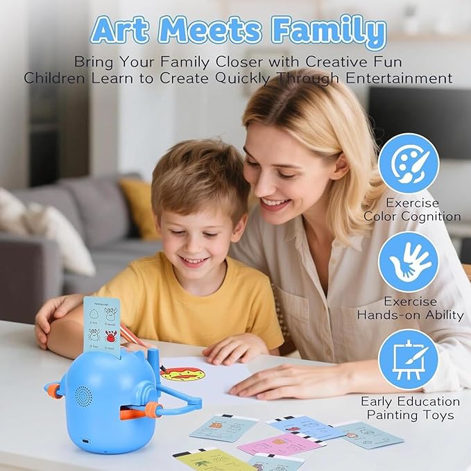 Drawing Robot for Kids, Interactive Kids Drawing Robot, Fun Drawings Robots Toy with Voice 100 Word Cards & 12 Color Pens, Educational Creatively Children Drawings Robots Painting Toy, for Boys Girls