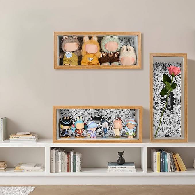 Display Case for Figures, Wooden Dustproof Showcase with Changeable Background Panels, Desktop Collector Box for Mini Dolls, Blind Box Toys, Anime Figures & Collectibles