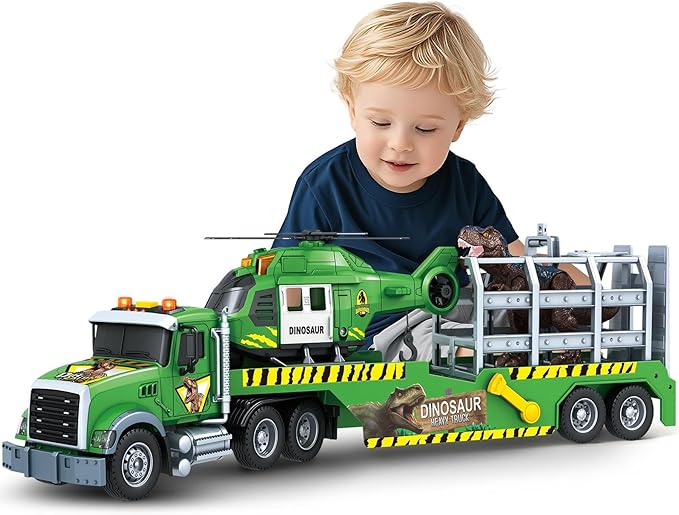 Toddler Boy Toys for 3 4 5 6 7 Years Kids, 21" Semi Flatbed Truck Toy with a Dinosaure Truck, Friction Powered Vehicles Toys with Lights and Sounds, Birthday for Boy Girls