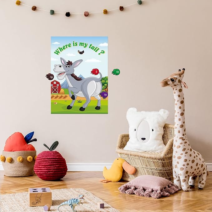 ASTARON Pin The Tail on The Donkey Game with 30 Tail Stickers for Birthday Party Carnival Circus Supplies