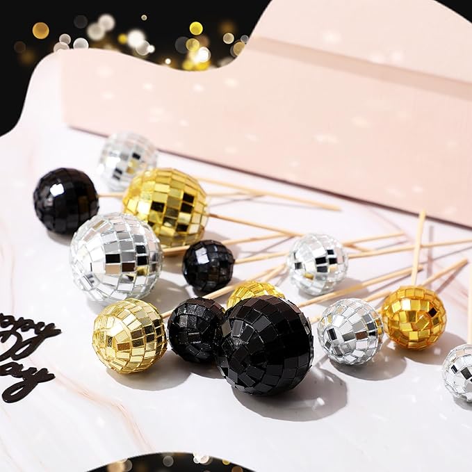 24 Pcs Disco Ball Cupcake Toppers Happy Birthday Cake Topper 1970s Retro Cake Decorations Shiny Pink Mini Disco Ball Toppers for 70s 80s Theme Party Supplies (Black, Gold, Silver)