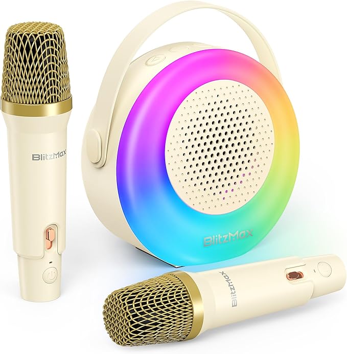 Karaoke Machine for Kids，Mini Portable Bluetooth Speaker with 2 Wireless Microphones,Karaoke Toys Gifts with Interactive Lights and Sound for Girls Boys Adults Home Party Birthday-Beige