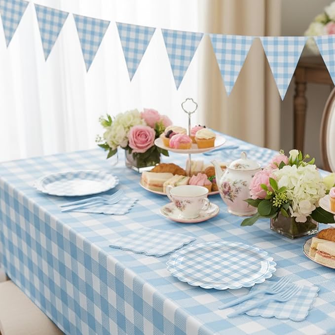 102 PCS Light Blue Gingham Party Supplies - Scalloped Plates, Napkins, Cups, Forks, Banner, Tablecloth for Baby Shower, Wedding, Birthday, Serves 25