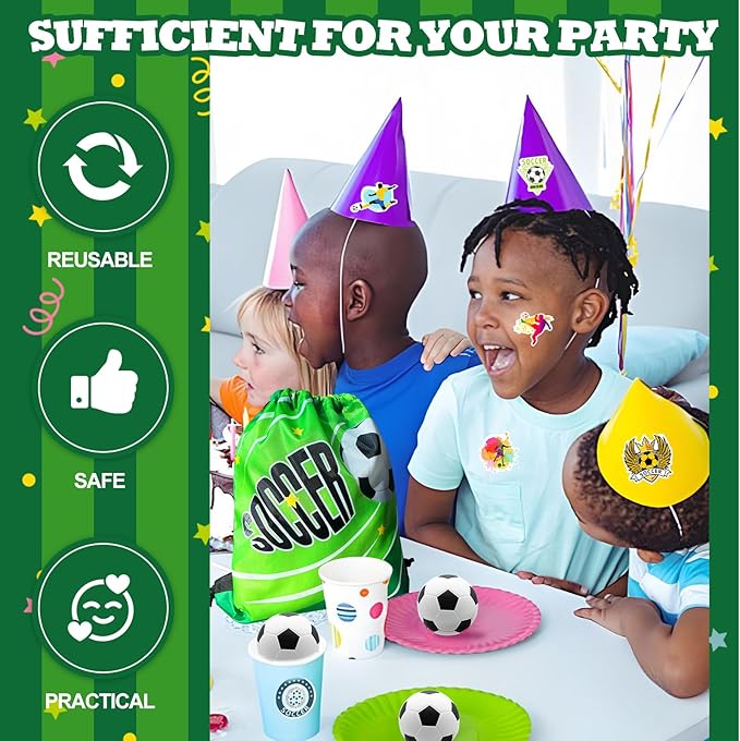 110Pcs Soccer Party Favors Drawstring Bags Soccer Goodie Bag with Mini Ball, Wristband, Slap bracelets, Keychains, Stickers for Soccer Party Supplies