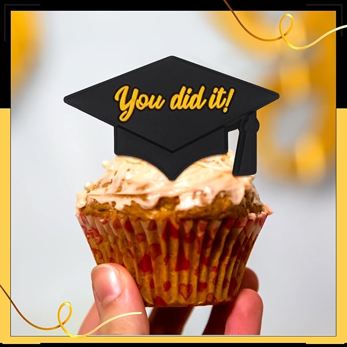 Chuangdi 48 Pieces Graduation Hat Sayings Cupcake Rings 2026 Congrats Grad Cupcake Toppers Rings Black Hat Cake Decorations for Graduation Party Supplies, 4 Styles