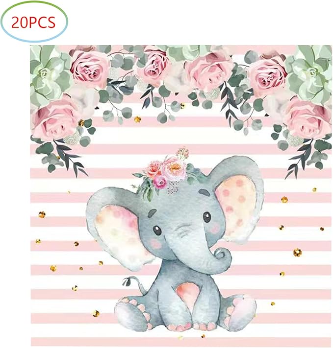 Elephant Baby Shower, Pink Elephant Birthday Party Supplies, 20 Plates and 20 Napkins, Elephant Theme Birthday Party Decoration for Girl