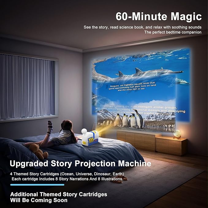 Kids Story Projector with 4 Science Cartridges, Bedtime Stories, Lullabies & Night Light, Storybook Player Machine, Educational Storytime Projector, Early Learning Toys Gift for Toddler Ages 3+