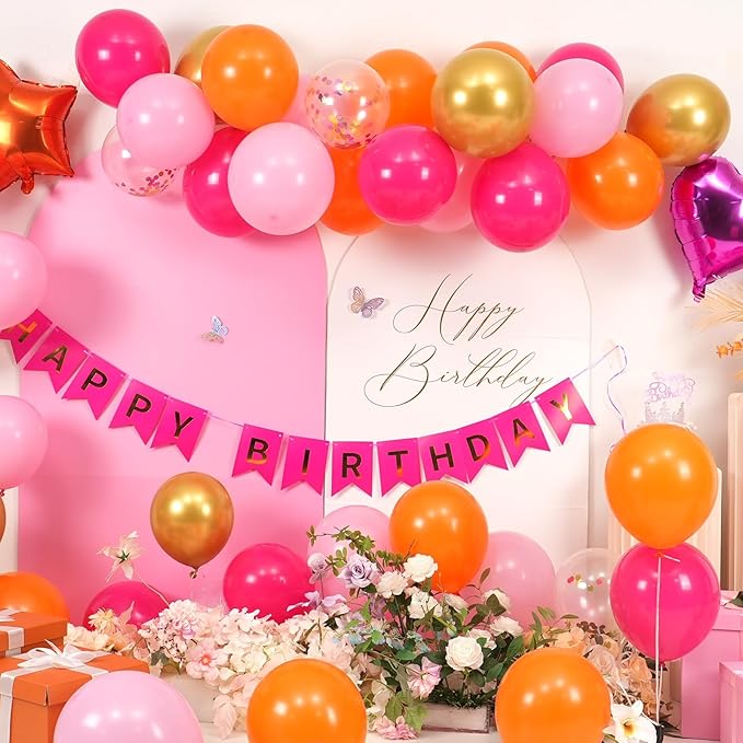 Pink Orange Party Decorations,Hot Pink Gold Birthday Decorations Happy Birthday Banner Cake Topper Star Heart Foil Balloon for Girls Women Kids Party Decor