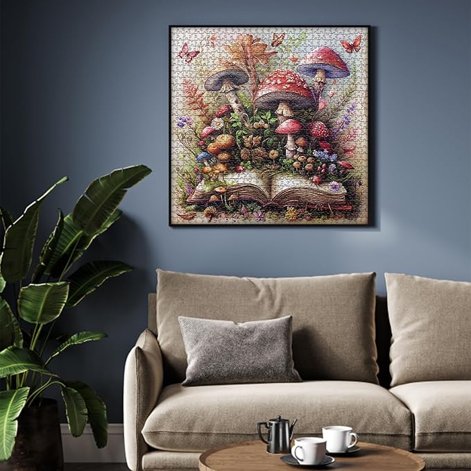 Mushroom Jigsaw Puzzle 1000 Pieces, Magic Book Plant Flower Puzzles Vintage, Challenging for Adults