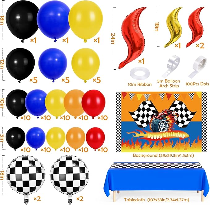 131 Wheels Race Car Birthday Party Decorations Supplies, Racing Red Blue Yellow Black Balloons Garland Arch Kit Backdrop Tablecloth Checkered Foil Balloons, Boy Kid Girl Cars Party Decor