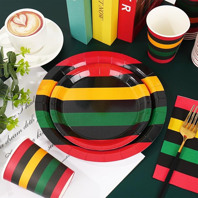Whaline 96Pcs Juneteenth Tableware Black History Month Kwanzaa Paper Plate Napkin Cup African American Freedom Disposable Dinnerware Set for 24 Guests Party Table Decor