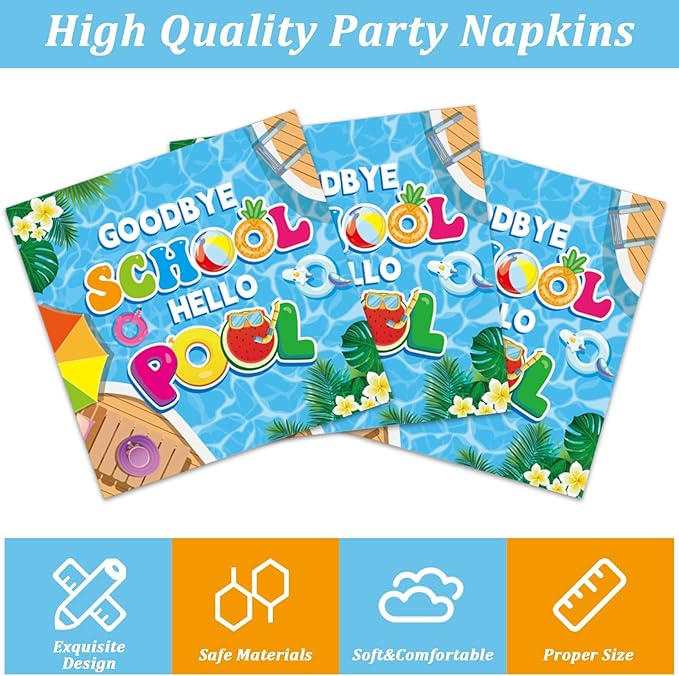 200pcs Goodbye School Hello Pool Plates Napkins End of School Year Party Tableware Set School's Out Disposable Decoration Summer Pool Dessert Plates Serve 50 Guests for Birthday Party Supplies