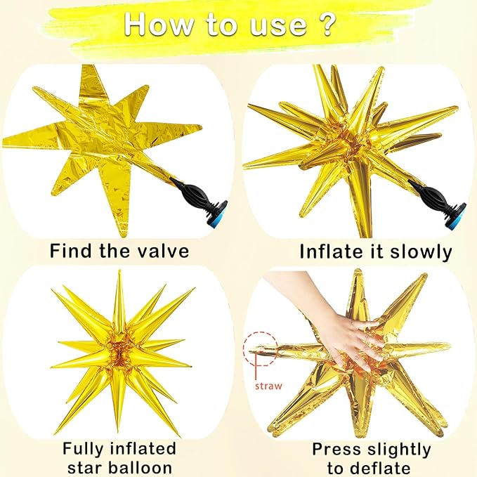 20 Pcs 27"22" Explosion Star Foil Balloons - 12 Point and Four Pointed Gold Spike Balloons for Party Supplies, Christmas, Birthday, Wedding, Photo Booth (Gold)