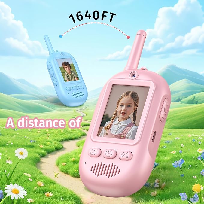 Video Walkie Talkies for Kids Toys with Screen - 2 Pack Handheld Rechargeable Kids Walkie Talkies Long Range Toys for Ages 8-13 5-7, Outside, Camping, Hiking for Boys Girls Ages 3-12 (Blue/Pink)